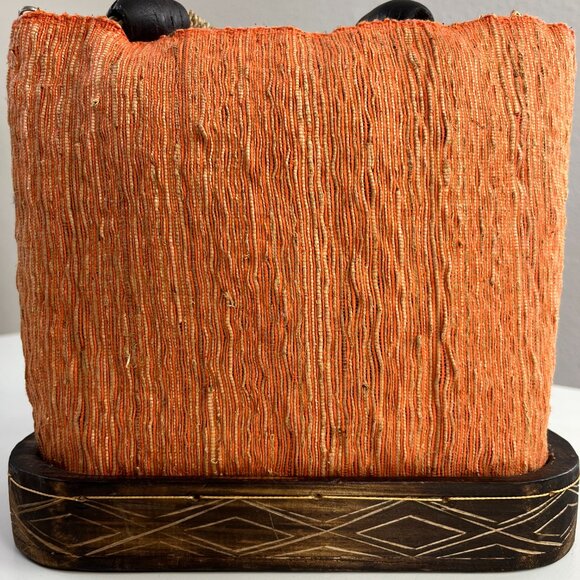 Orange Brown Natural Woven Wood Purse Tote Shoulder Bag Zip Closure - Picture 4 of 16